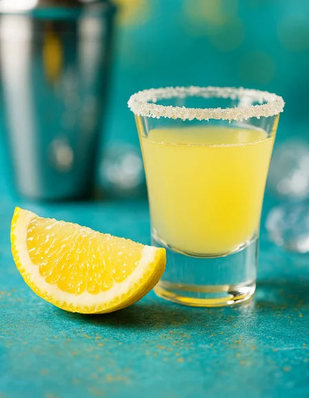 Lemon Drop shot with a lemon wedge