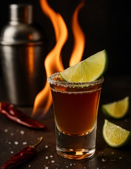 fire shot with salted rim and lemon garnish