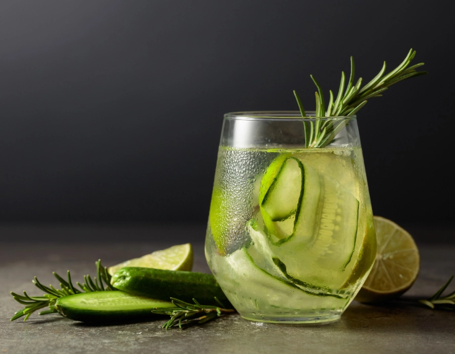 gin with lime juice, tonic water and cucumber