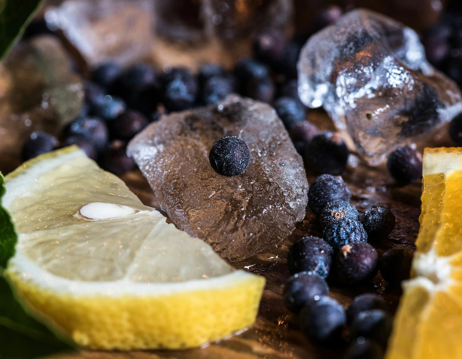 lemon, ice and juniper berries