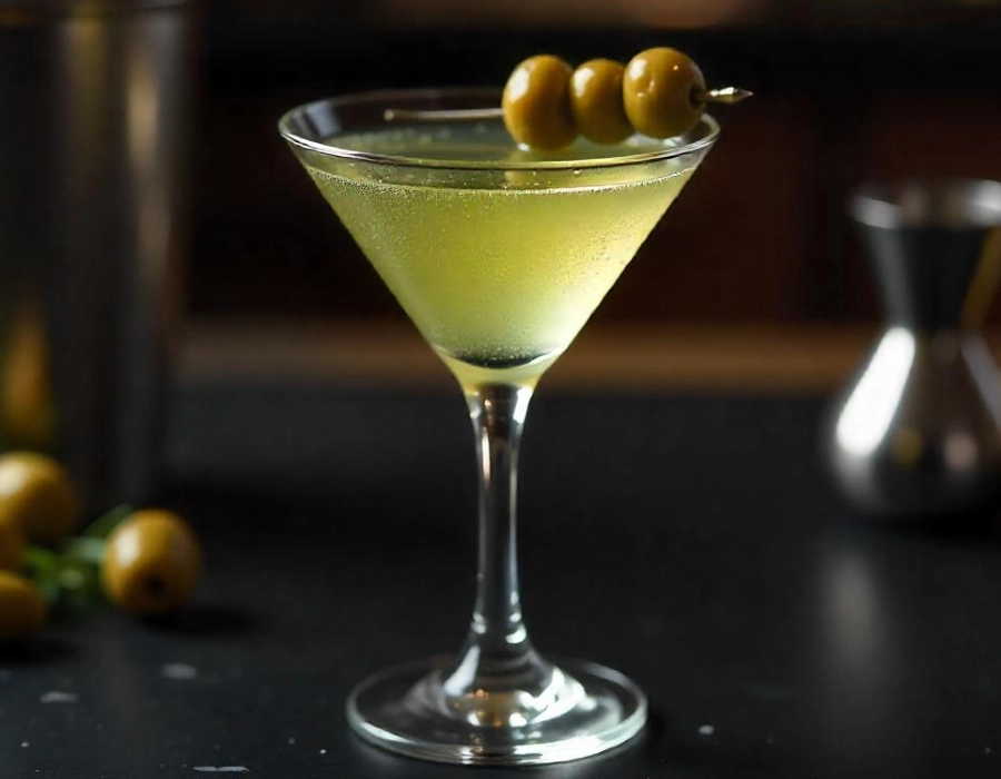 dirty herbal martini in a glass