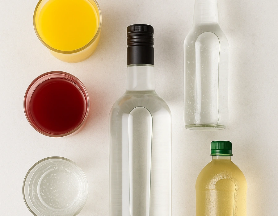 Flat lay of classic vodka mixers with a bottle vodka