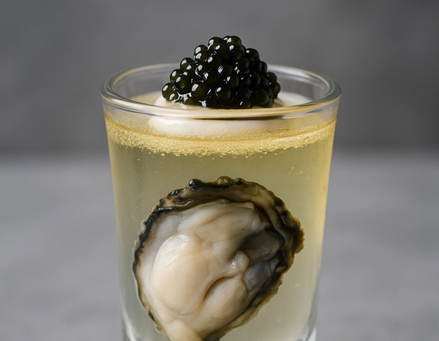 oyster in shot of vodka with caviar as garnish
