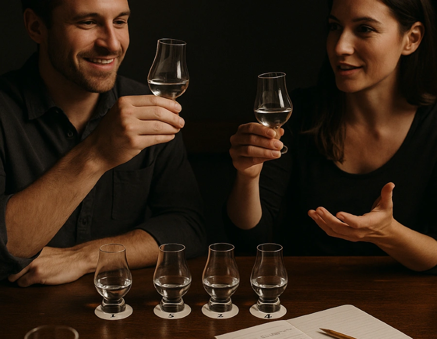 man and woman tasting premium vodka