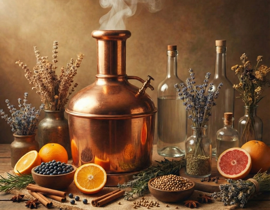 Plymouth Gin Distillery with botanicals surronding distilling kettle