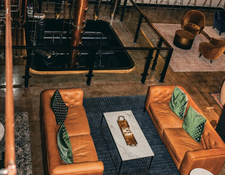 hush and whisper interior shot of couches and copper kettle