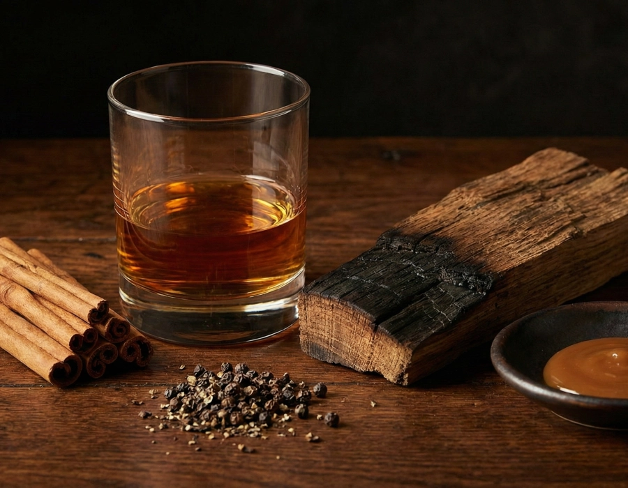 rye whiskey alongside cinnamon, black pepper, a piece of charred oak