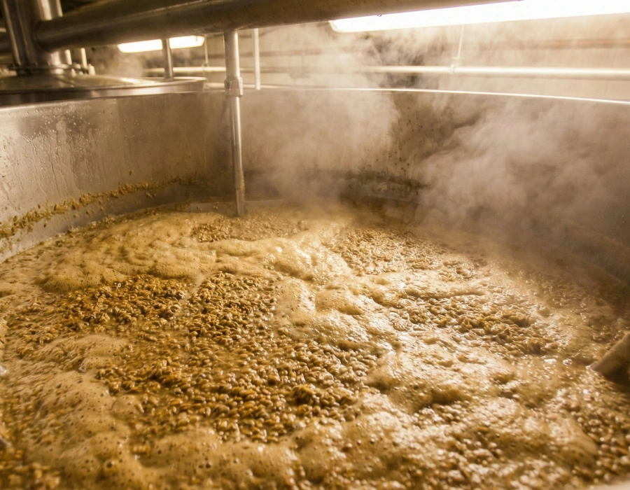 thick rye mash inside a stainless steel mash tun