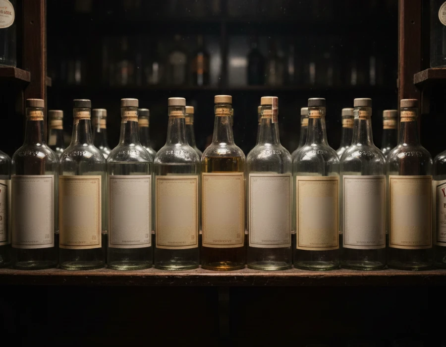 rows of unlabelled gin bottles on a bar