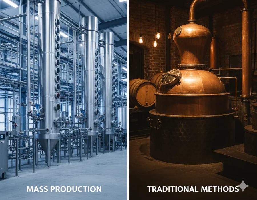 split screen of Mass Production Versus Traditional Methods
