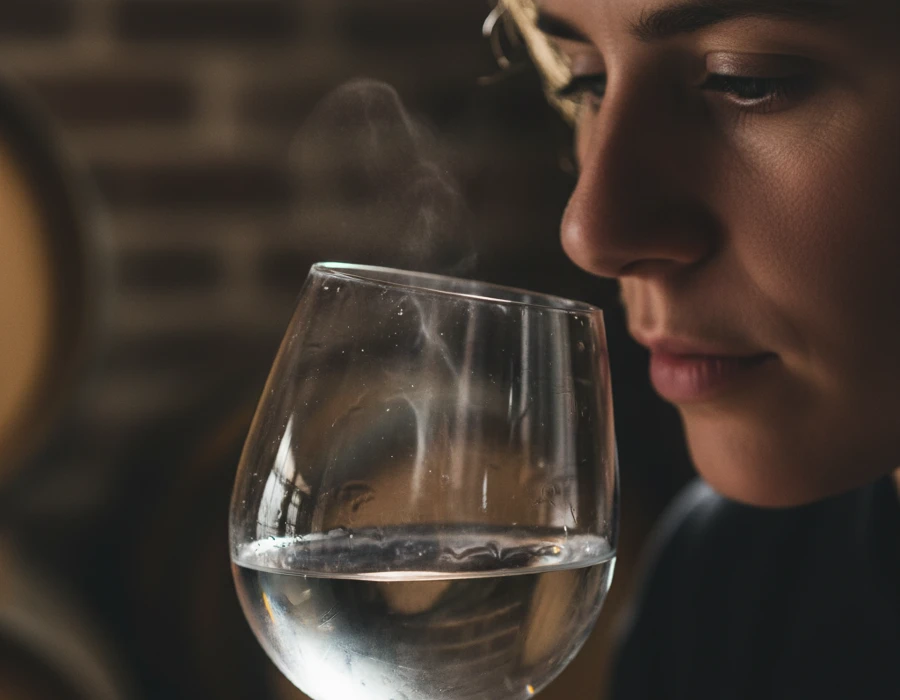 woman smelling gin from wine glass