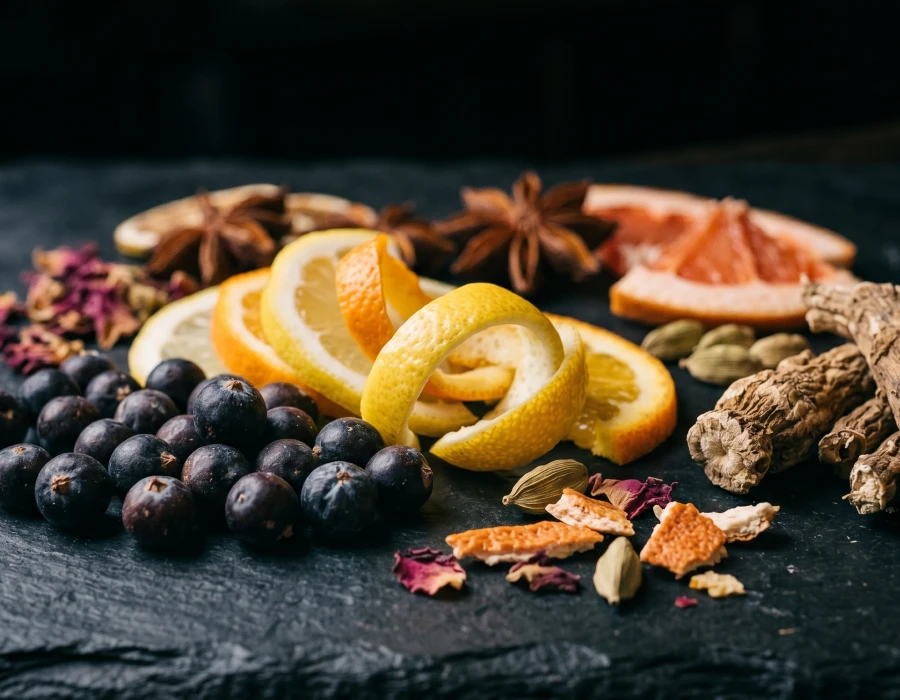 juniper berries and other botanicals on black surface
