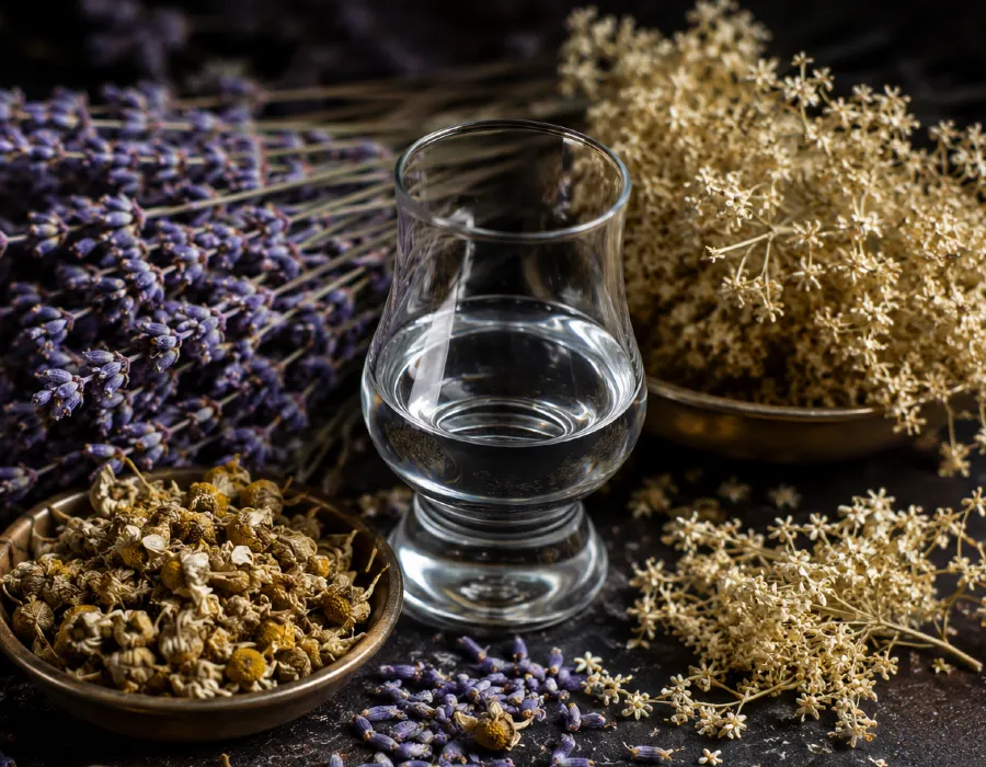 dried flowers and a coup of gin