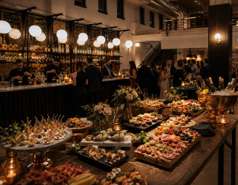 focus on food and drinks setup at hush and whisper