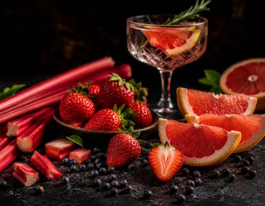 fruits and rhubarb with glass in background