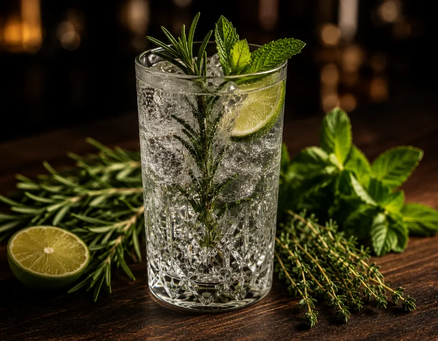 highball glass with sparkling water and hebs surrounding it