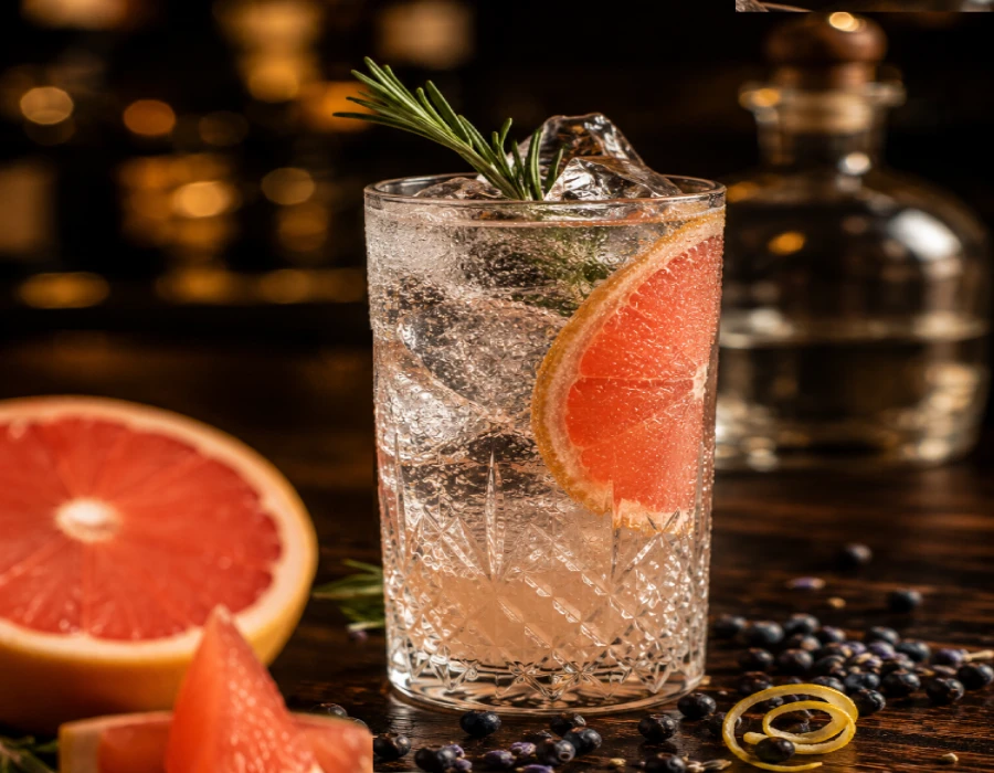 sparkling cocktail with a slice of grapefruit surrounded by botanicals