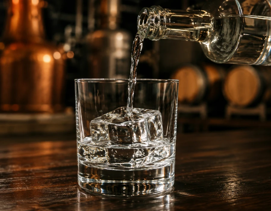 white whiskey being poured over block of ice