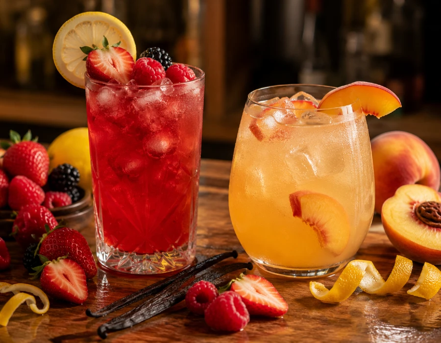 Berry Reckless and Peach After Midnight cocktails on bar