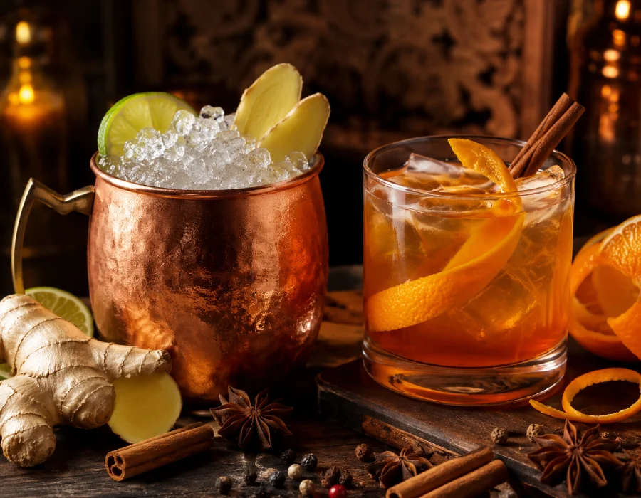 Ginger Kick Mule and Cinnamon Sunset cocktails