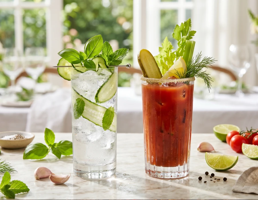 Vodka Soda and bloody mary on table