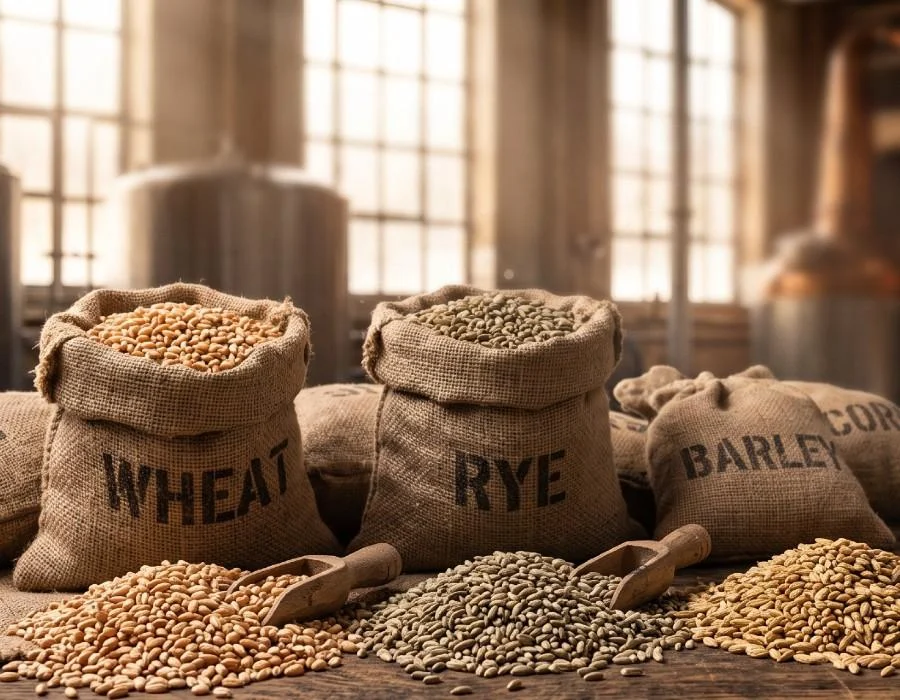 bags of different grains in shed
