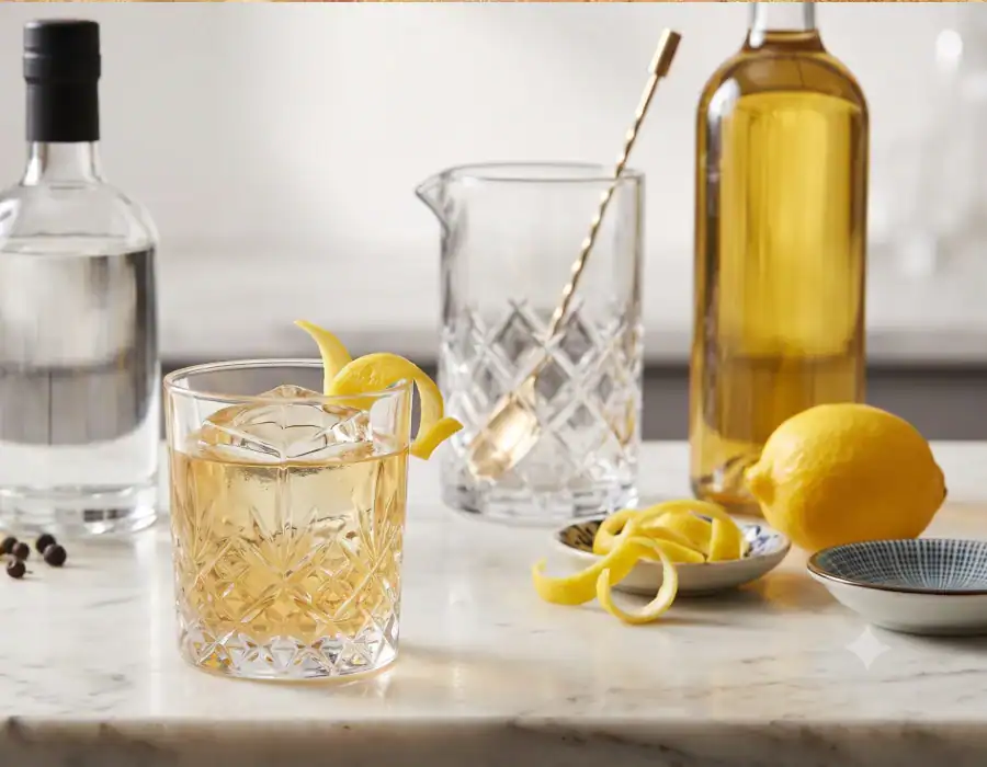 White Negroni on marble surface surrounded by ingredients