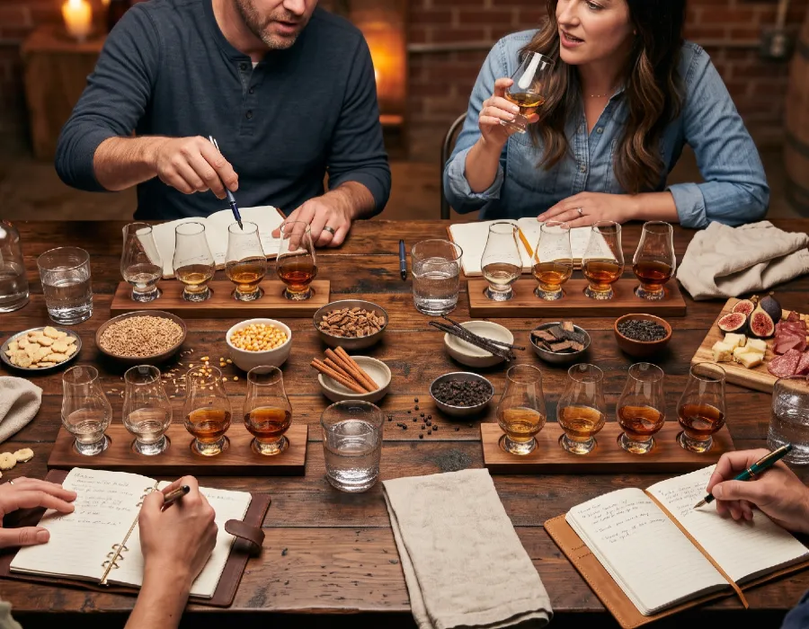 people sitting around table during whiskey tasting