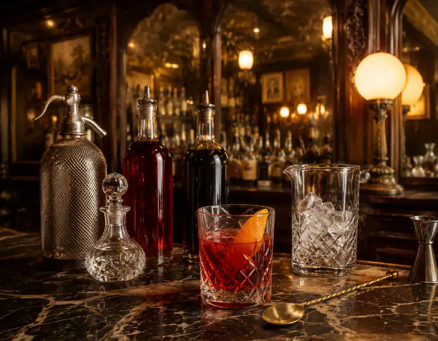 vintage dry vermouth and mezcal bottles on bar with a classic cocktail in front
