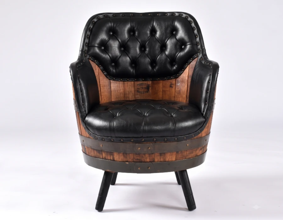 amazing whiskey barrel chair with black leather to match