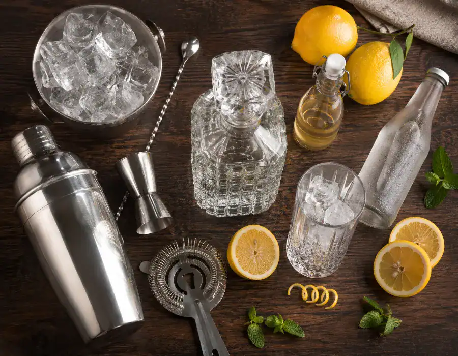 gin fizz ingredients, sparkling water and tall glass with ice