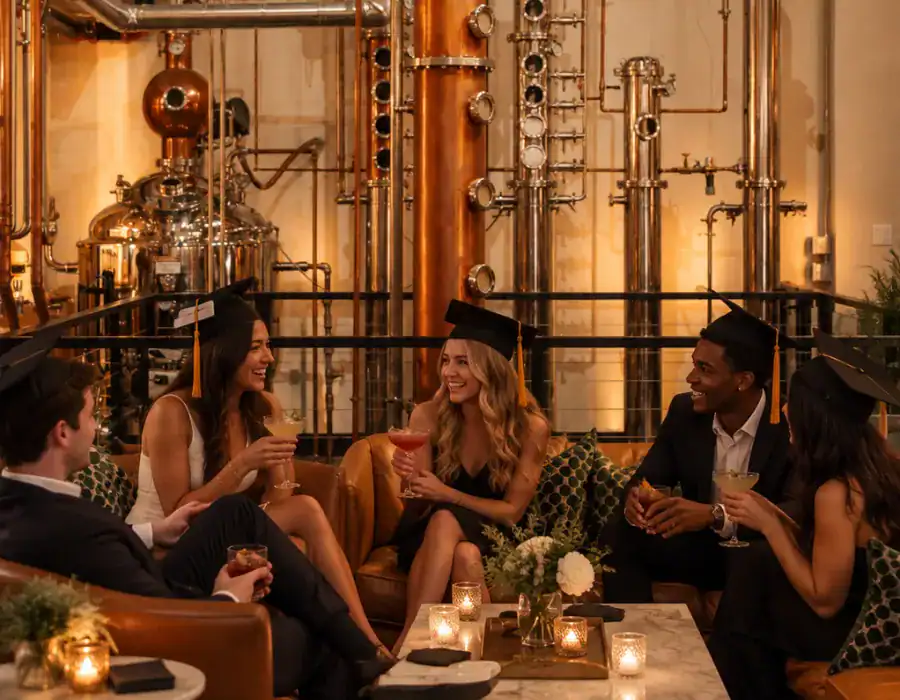 graduates sitting and drinking cocktails at hush and whisper