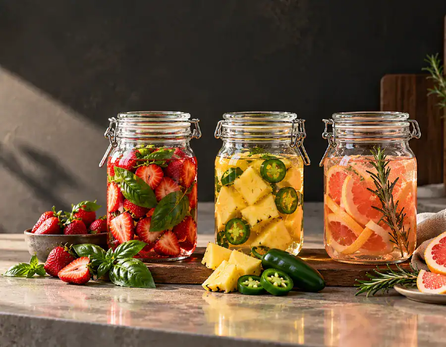 jars of infused vodka on counterterop