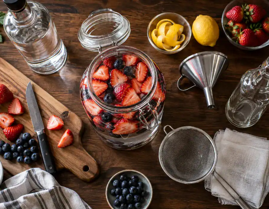 overhead shot of large jar with berries alongside culinary tools