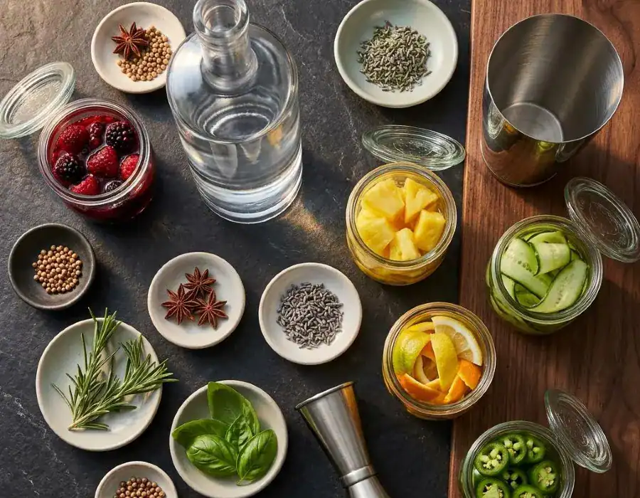 overhead shot of vodka infusion ingredients