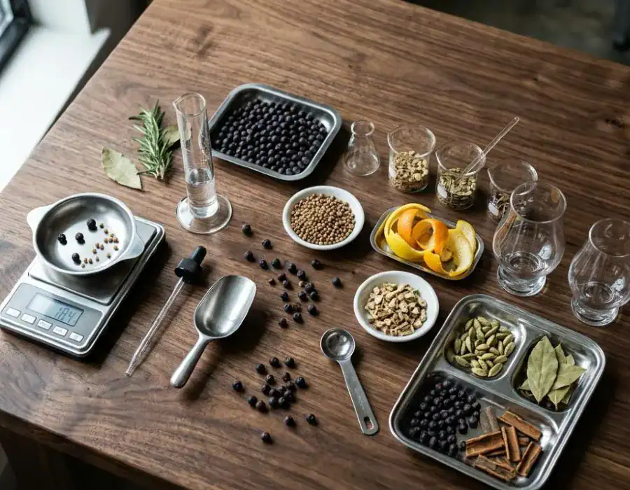 table with botanicals and gin base ingredients