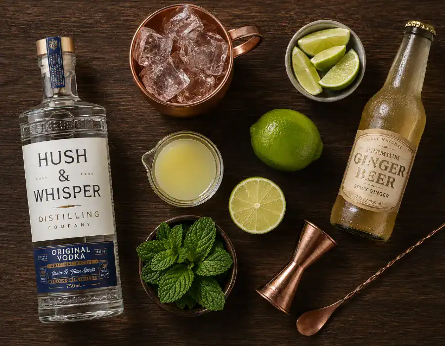 vodka, bull ginger beer, limes and copper mug on wood surface
