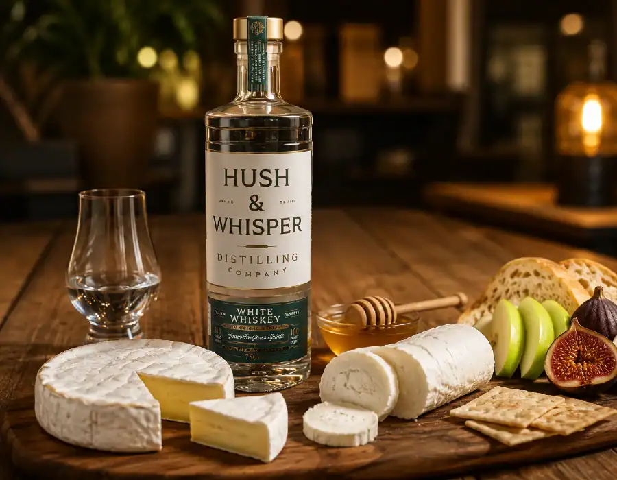 white whiskey next to cheese board