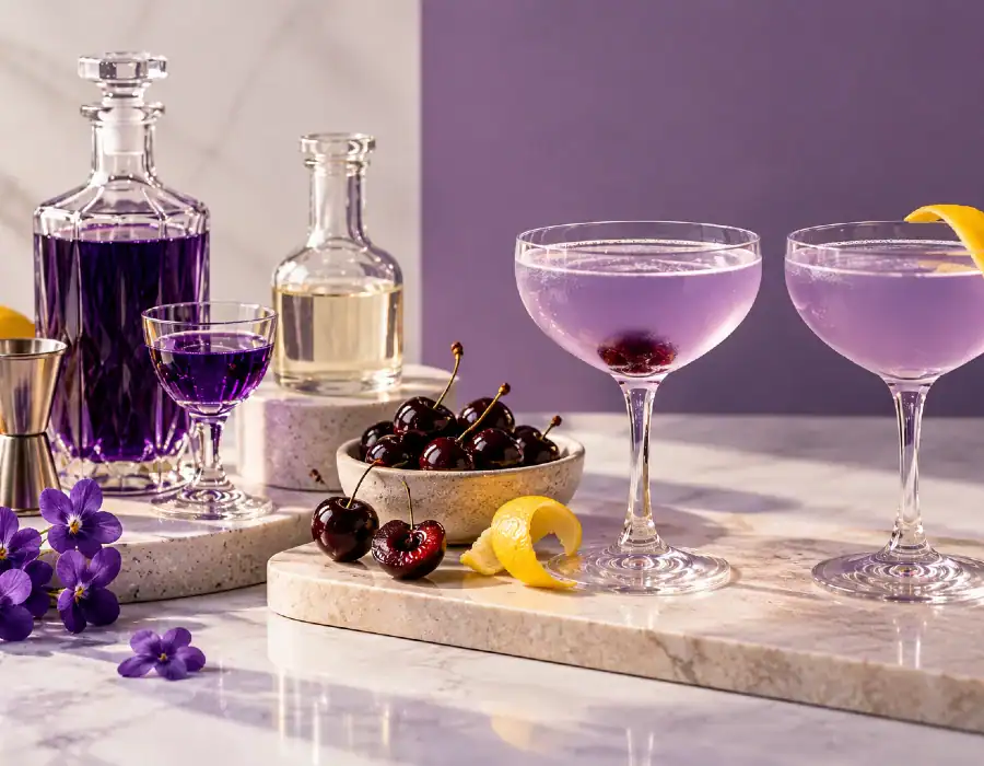 aviation cocktail ingredients and cherries on marble slab